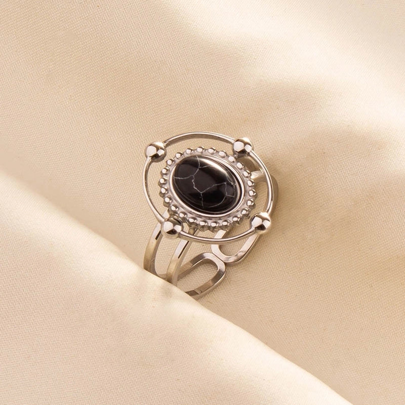 5 Pieces 304 Stainless Steel Retro Inlay Oval Artificial Gemstones Rings