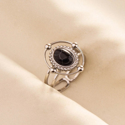 5 Pieces 304 Stainless Steel Retro Inlay Oval Artificial Gemstones Rings