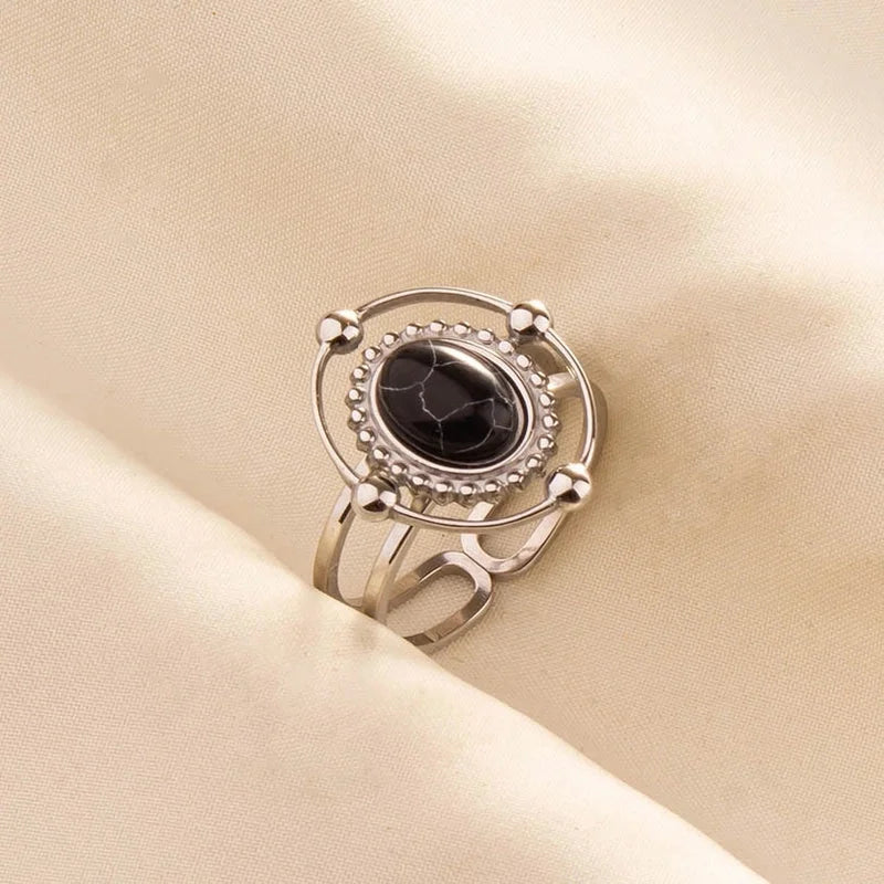 5 Pieces 304 Stainless Steel Retro Inlay Oval Artificial Gemstones Rings