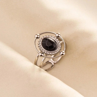 5 Pieces 304 Stainless Steel Retro Inlay Oval Artificial Gemstones Rings