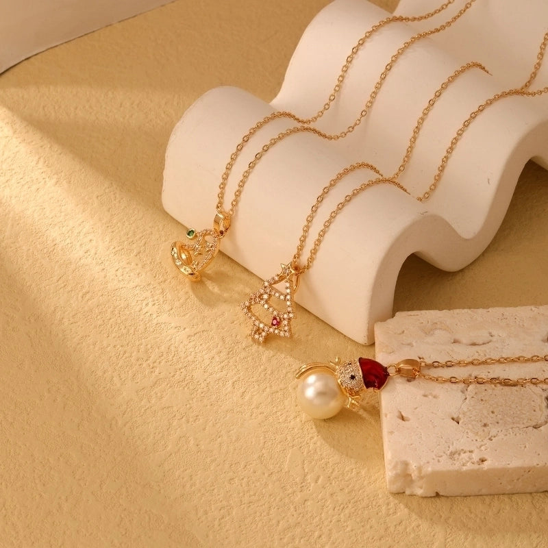 Stainless Steel Copper Plating Inlay Christmas Hat Christmas Tree Snowman Freshwater Pearl Zircon Pendant Necklace