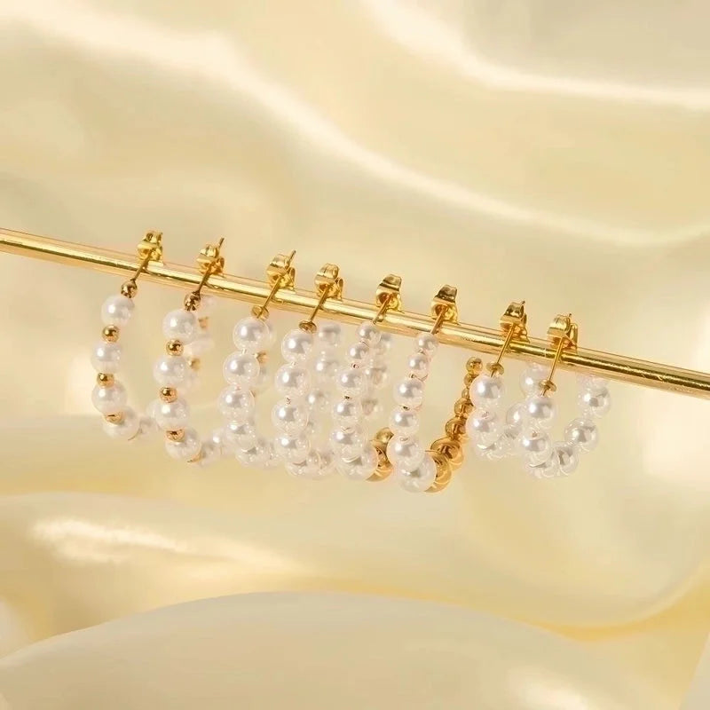 1 Pair Lady C Shape Beaded Inlay 304 Stainless Steel Artificial Pearls Earrings