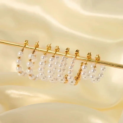 1 Pair Lady C Shape Beaded Inlay 304 Stainless Steel Artificial Pearls Earrings