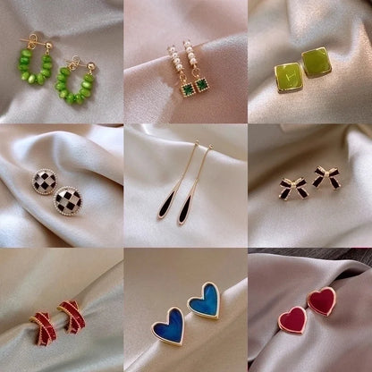 Sweet Square Heart Shape Bow Knot Imitation Pearl Alloy Rhinestone Inlay Opal Women\'s Earrings 1 Pair