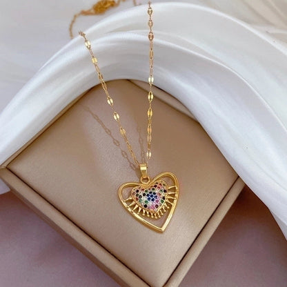 2 Pieces Minimalist Classic Style Geometric Heart Shape Titanium Steel Copper Zircon Pendant Necklace In Bulk