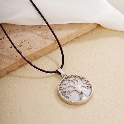 Ig Style Minimalist Round Tree Stainless Steel Natural Stone Leather Rope Inlay Natural Stone Pendant Necklace