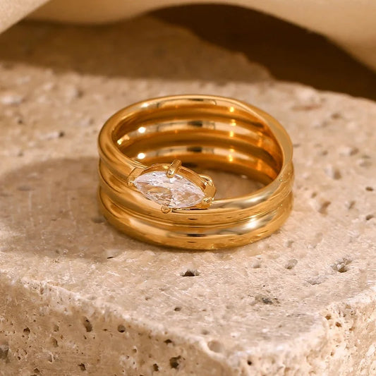 Artistic Lines 304 Stainless Steel Rhinestones 18K Gold Plated Layered Plating Inlay Rings