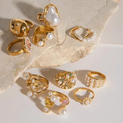 Exaggerated Geometric 304 Stainless Steel Pearl Zircon Gold Plated Plating Inlay Open Rings