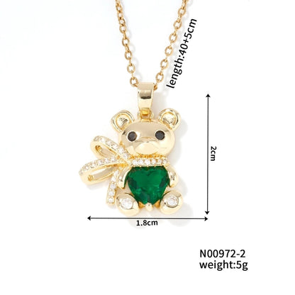 304 Stainless Steel Copper Rhodium Plated Inlay Bear Heart Shape Glass Zircon Pendant Necklace