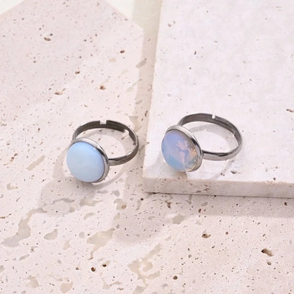 Casual Minimalist Round Spot Solid Color 304 Stainless Steel Natural Stone Opal Polishing Inlay Adjustable Ring