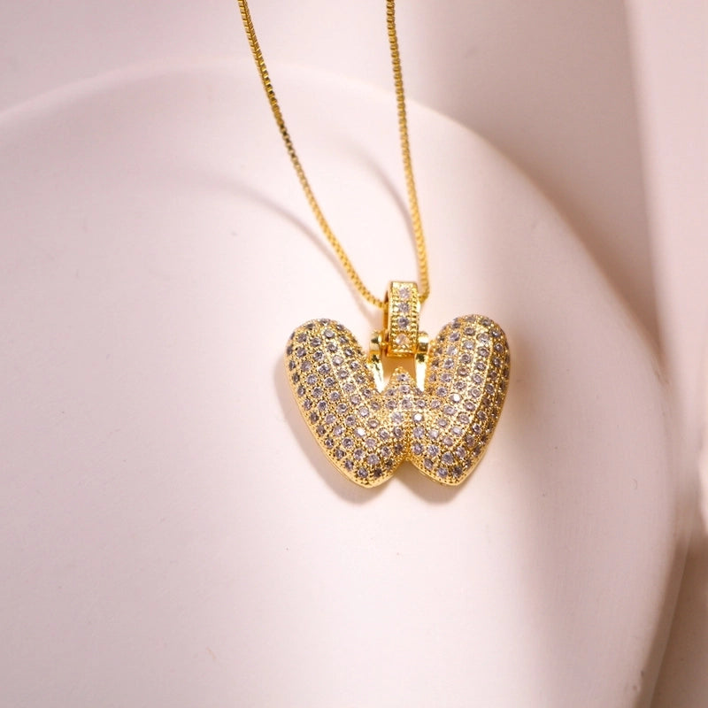 Vintage Style Letter Copper Plating Inlay Zircon 18k Gold Plated Pendant Necklace