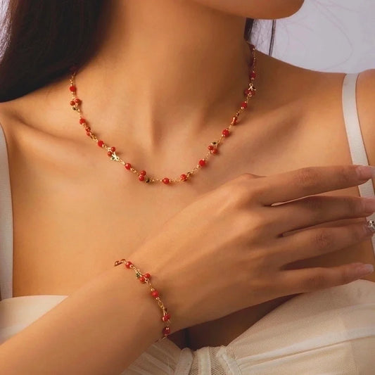 Style Jewelry Suit Fashion Women's High-Grade Love Heart Flowers Beaded Necklace Girl's Small Flower Choker Clavicle Chain