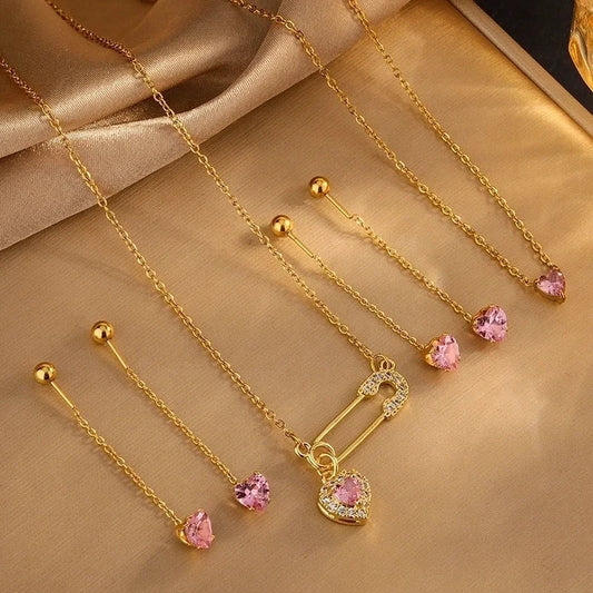 Sweet Minimalist Heart Shape 304 Stainless Steel Artificial Rhinestones 18K Gold Plated Earrings Necklace Jewelry Set