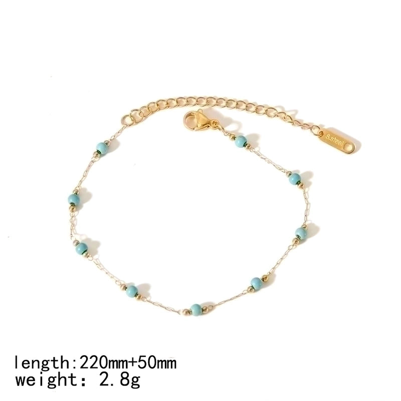 304 Stainless Steel 18K Gold Plated Minimalist Classic Style Polishing Plating Inlay Round Natural Stone Bracelets Anklet Necklace