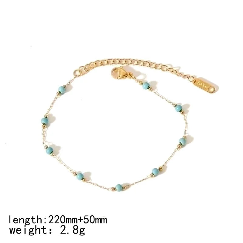 304 Stainless Steel 18K Gold Plated Minimalist Classic Style Polishing Plating Inlay Round Natural Stone Bracelets Anklet Necklace