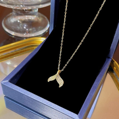 Elegant Classic Style Geometric Moon Bow Knot Titanium Steel Zircon Pendant Necklace