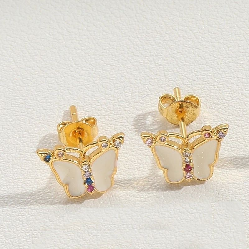 1 Pair Vintage Style Minimalist Commute Butterfly Enamel Inlay Copper Zircon 14K Gold Plated Ear Studs