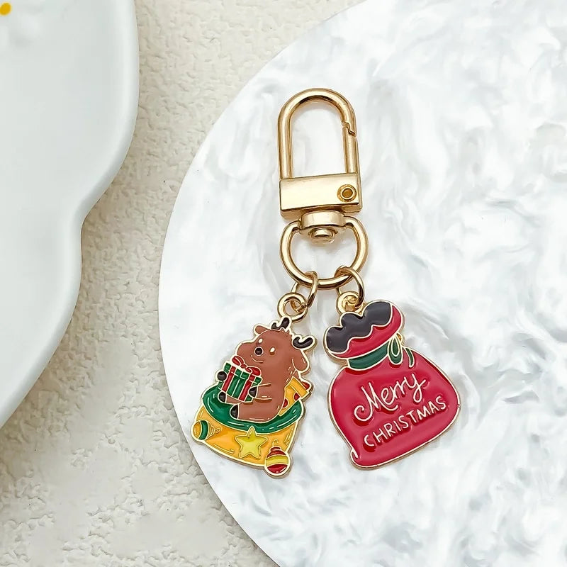 Cute Christmas Tree Santa Claus Elk Alloy Enamel Christmas Bag Pendant Keychain