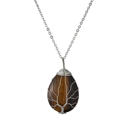 Retro Minimalist Tree Water Droplets Stainless Steel Natural Stone Agate Pendant Necklace In Bulk