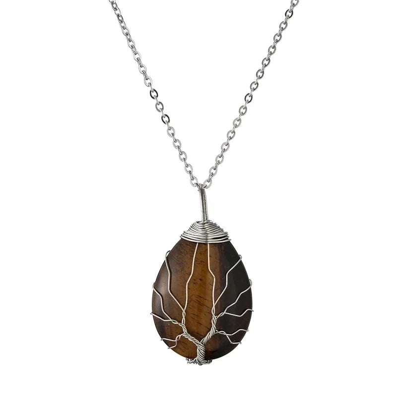 Retro Minimalist Tree Water Droplets Stainless Steel Natural Stone Agate Pendant Necklace In Bulk