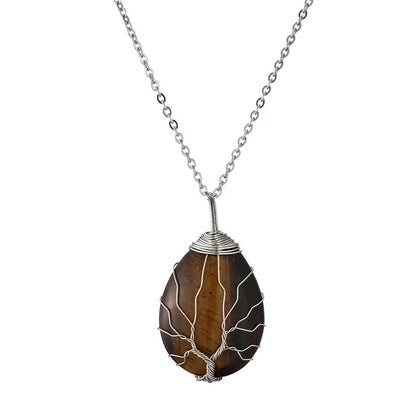Retro Minimalist Tree Water Droplets Stainless Steel Natural Stone Agate Pendant Necklace In Bulk