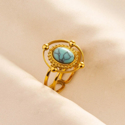 5 Pieces 304 Stainless Steel Retro Inlay Oval Artificial Gemstones Rings