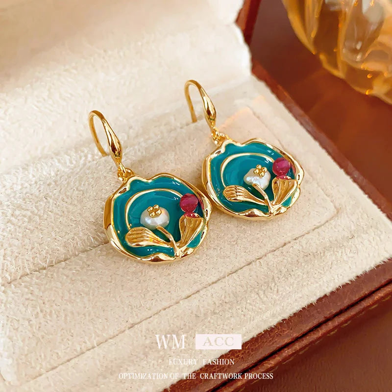 Medieval Flower Geometric Flower Copper Oil Dripping Earrings