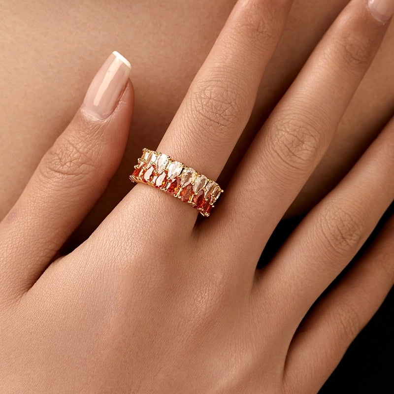 Copper 18K Gold Plated Inlay Semicircle Round Petal Zircon Open Rings