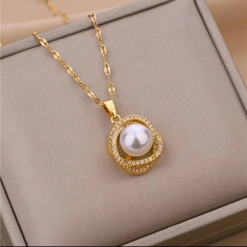 Elegant Round Titanium Steel Artificial Pearls Zircon Rings Necklace