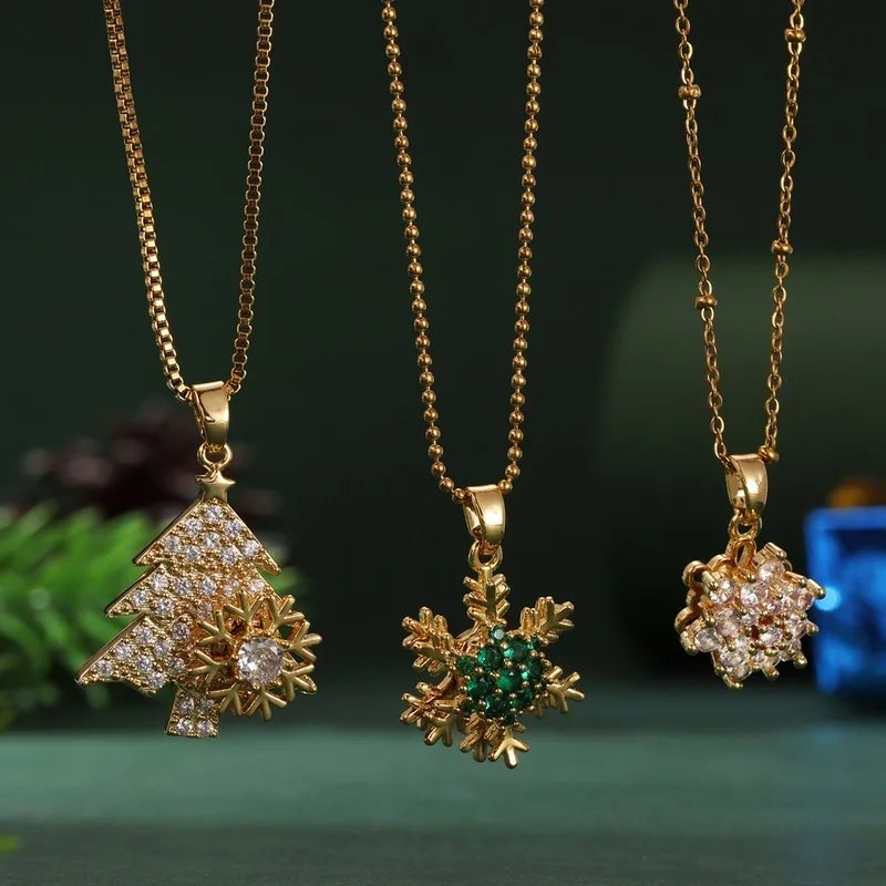 Elegant Sweet Christmas Tree Snowflake 201 Stainless Steel Zircon Pendant Necklace
