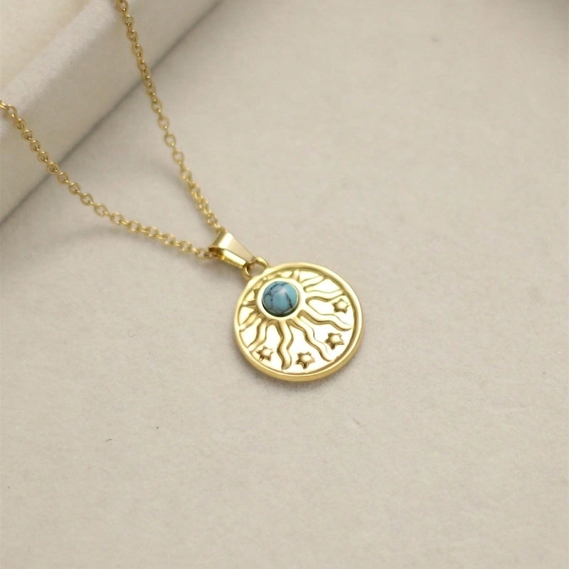 Vintage Style IG Style Round Star Heart Shape 304 Stainless Steel Natural Stone 18K Gold Plated Inlay Stainless Steel Necklaces