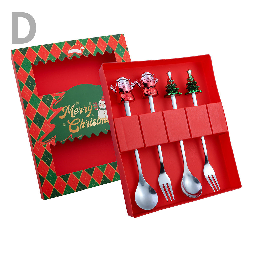 J Christmas Spoon Set Cartoon Colorful Santa Claus Christmas Tree Spoon Fork Coffee Dessert Spoon Gift Box