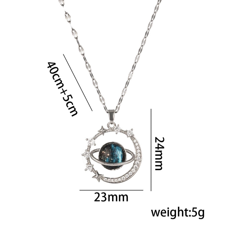 Titanium Steel 18K Gold Plated Casual Minimalist Inlay Star Moon Planet Moonstone Zircon Pendant Necklace