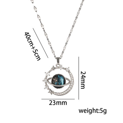 Titanium Steel 18K Gold Plated Casual Minimalist Inlay Star Moon Planet Moonstone Zircon Pendant Necklace