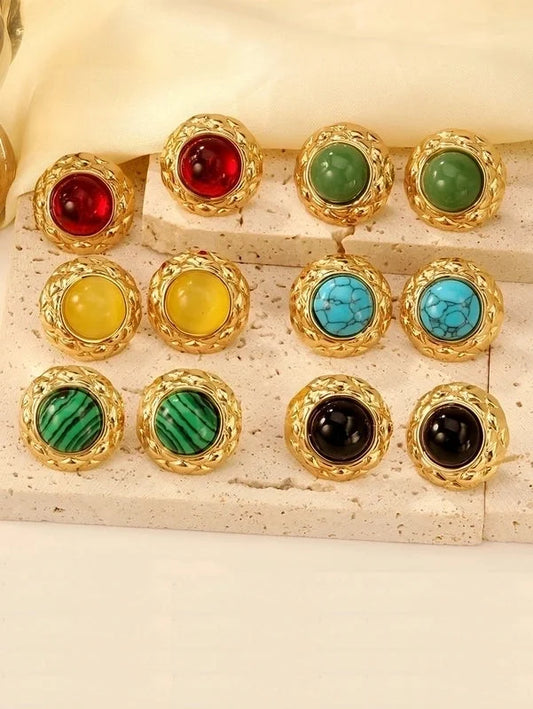 1 Pair Elegant French Style Round Inlay 304 Stainless Steel Artificial Gemstones Natural Stone Ear Studs