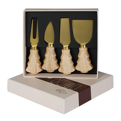 Knife Suit Stainless Steel Butter Knife Cheese Knife Rubber Wood Christmas Tree Cheese Knife Suit 4-piece Set