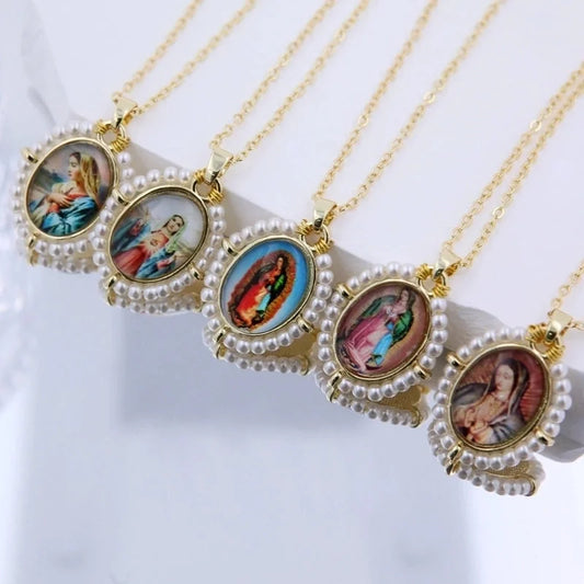 Shell Copper 18K Gold Plated Portrait Virgin Mary Pendant Necklace