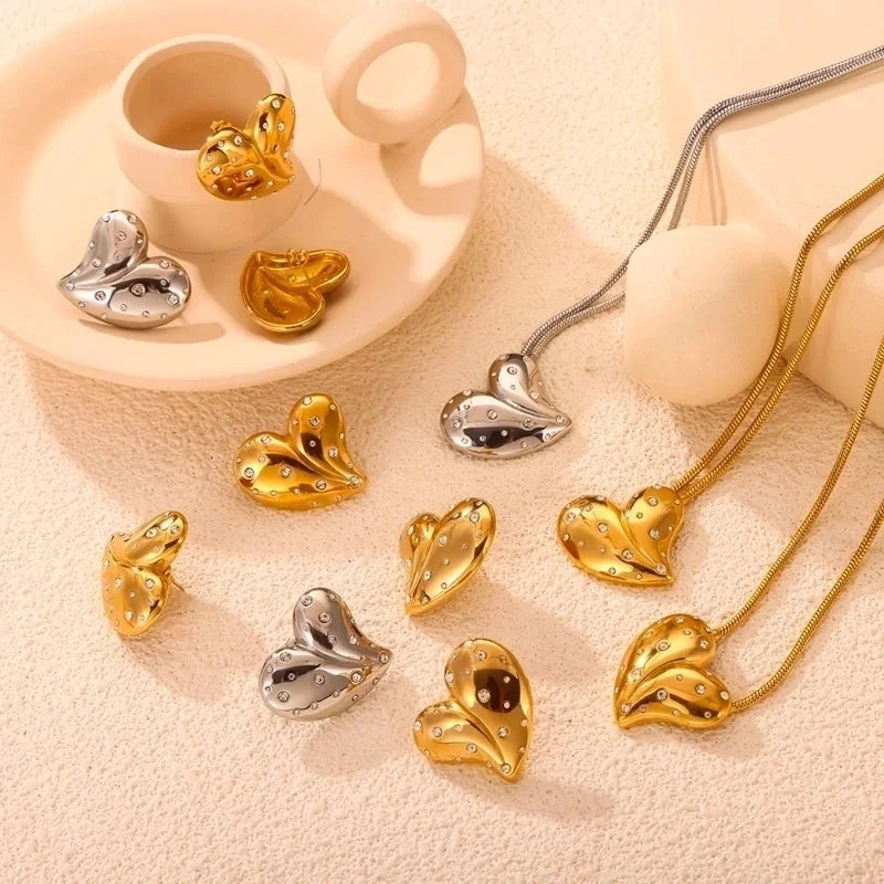 304 Stainless Steel 18K Gold Plated Elegant Minimalist Plating Inlay Heart Shape Rhinestones Earrings Necklace