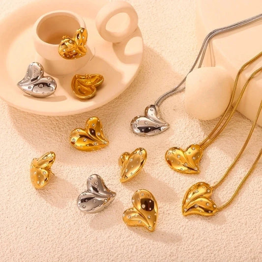 304 Stainless Steel 18K Gold Plated Elegant Minimalist Plating Inlay Heart Shape Rhinestones Earrings Necklace