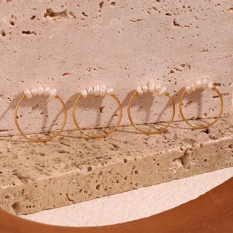 304 Stainless Steel Freshwater Pearl 18K Gold Plated Minimalist Beaded Plating Solid Color Rings