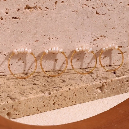 304 Stainless Steel Freshwater Pearl 18K Gold Plated Minimalist Beaded Plating Solid Color Rings