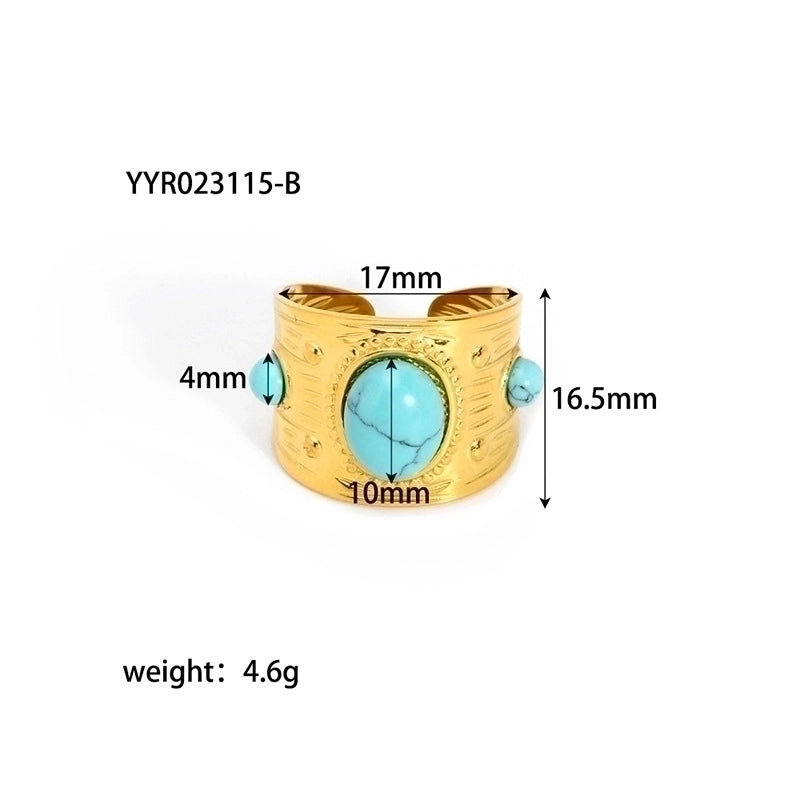 304 Stainless Steel 18K Gold Plated Retro Plating Inlay Water Droplets Turquoise Open Rings