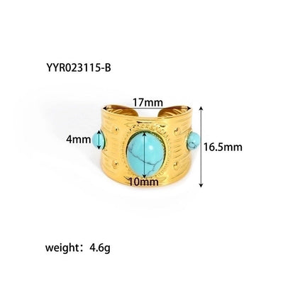 304 Stainless Steel 18K Gold Plated Retro Plating Inlay Water Droplets Turquoise Open Rings