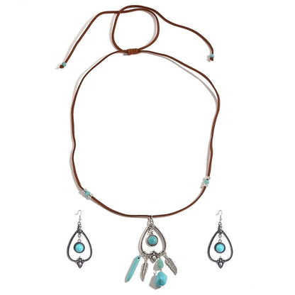 Ethnic Style Geometric Water Droplets Turquoise Metal Earrings Necklace