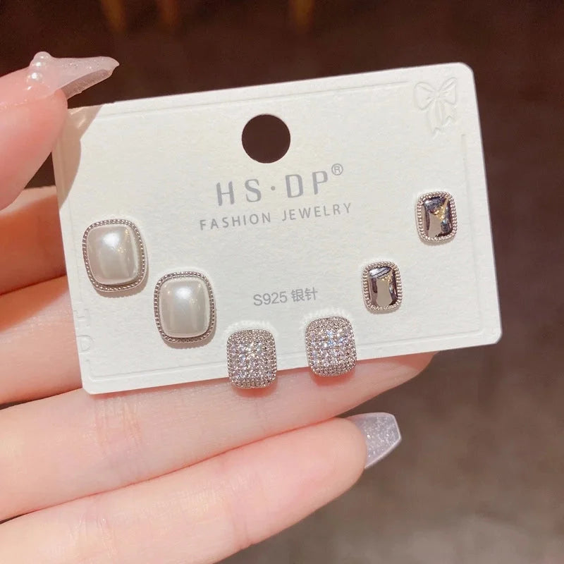 Fashion Geometric Copper Plating Artificial Pearls Zircon Earrings 3 Pairs