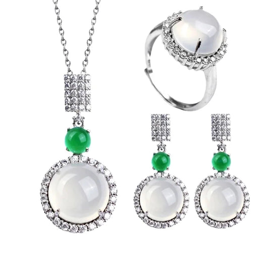 Temperament Fashion Natural Chalcedony Earring Ring Pendant Necklace Jewelry Set High Ice Complete Jade Three-piece Set