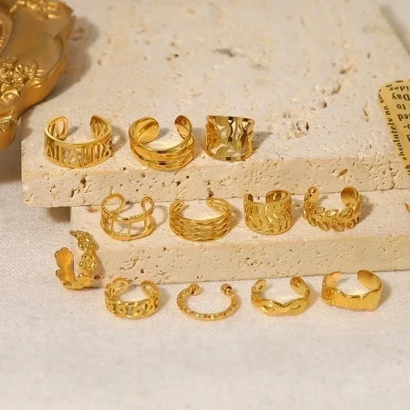 1 Piece Minimalist Leaf Roman Numeral Flower Plating 304 Stainless Steel 18K Gold Plated Ear Cuffs