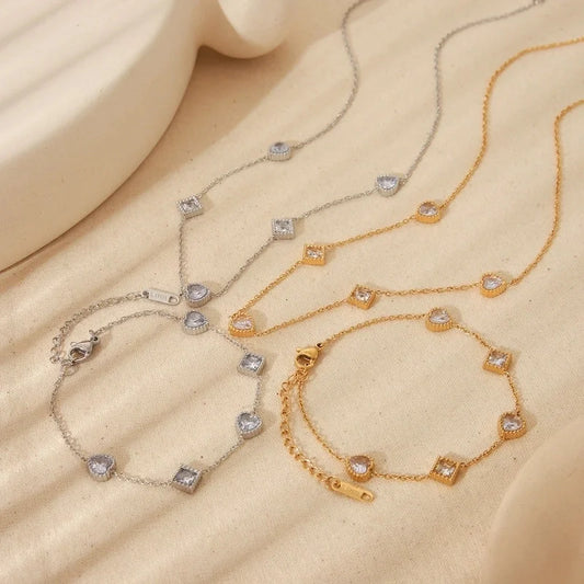 Minimalist Commute Geometric Heart Shape Solid Color 304 Stainless Steel Zircon 18K Gold Plated Inlay Jewelry Set