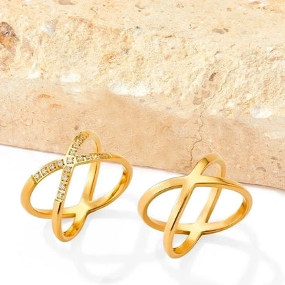 3 Pieces Fashion Solid Color 304 Stainless Steel Rhinestones 16K Gold Plated White Gold Plated Gold Plated Criss Cross Stainless Steel Rings