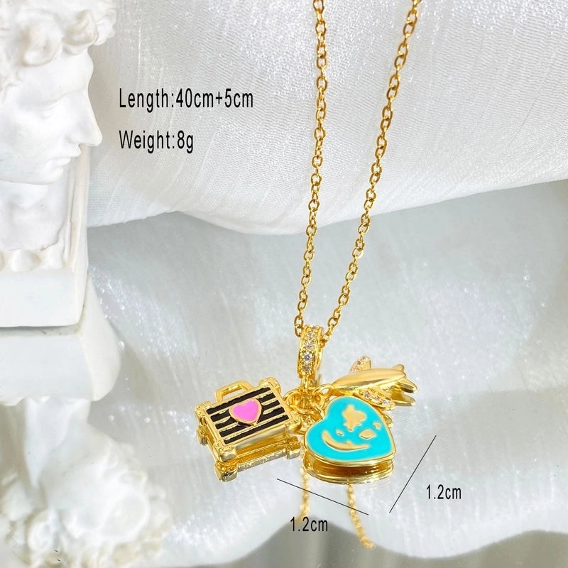 Copper Cable Chain Plating Four Leaf Clover Eiffel Tower Airplane Pendant Necklace